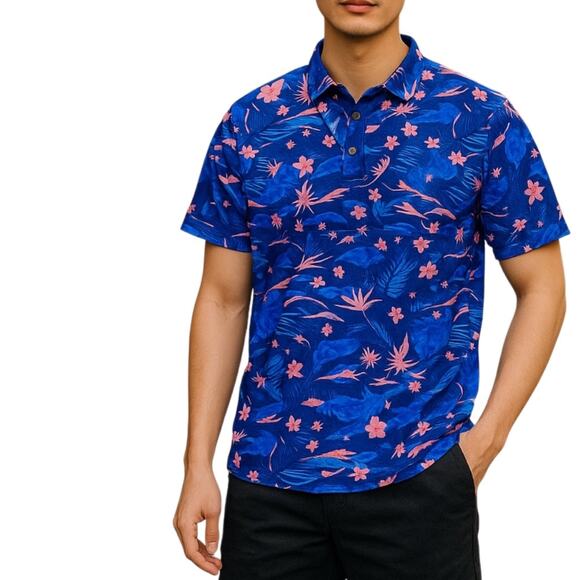 Sunday Crew Golf Polo M Tropical Palm Trees Hawaiian Novelty Loud Vibrant UPF - Picture 2 of 11